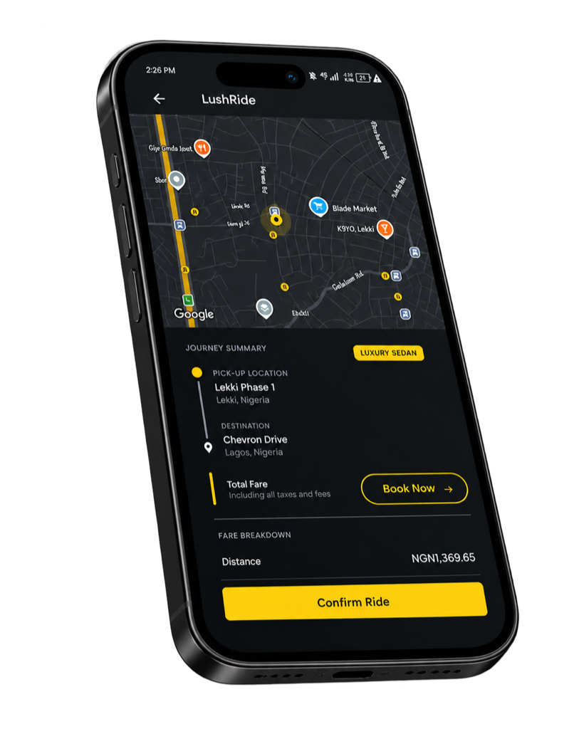 The LushRide app showing a journey summary